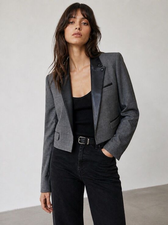 The Kooples Jackets & Blazers - The Kooples Prince De Galles Cropped Blazer Jacket Glen Plaid Leather Trims 40